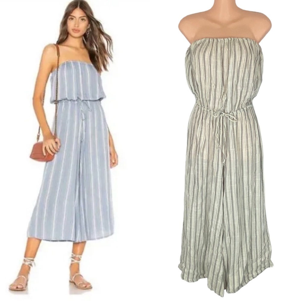 Blue Life Rayon/Linen Blend White/Grey Striped Strapless Boho Jumpsuit Size M